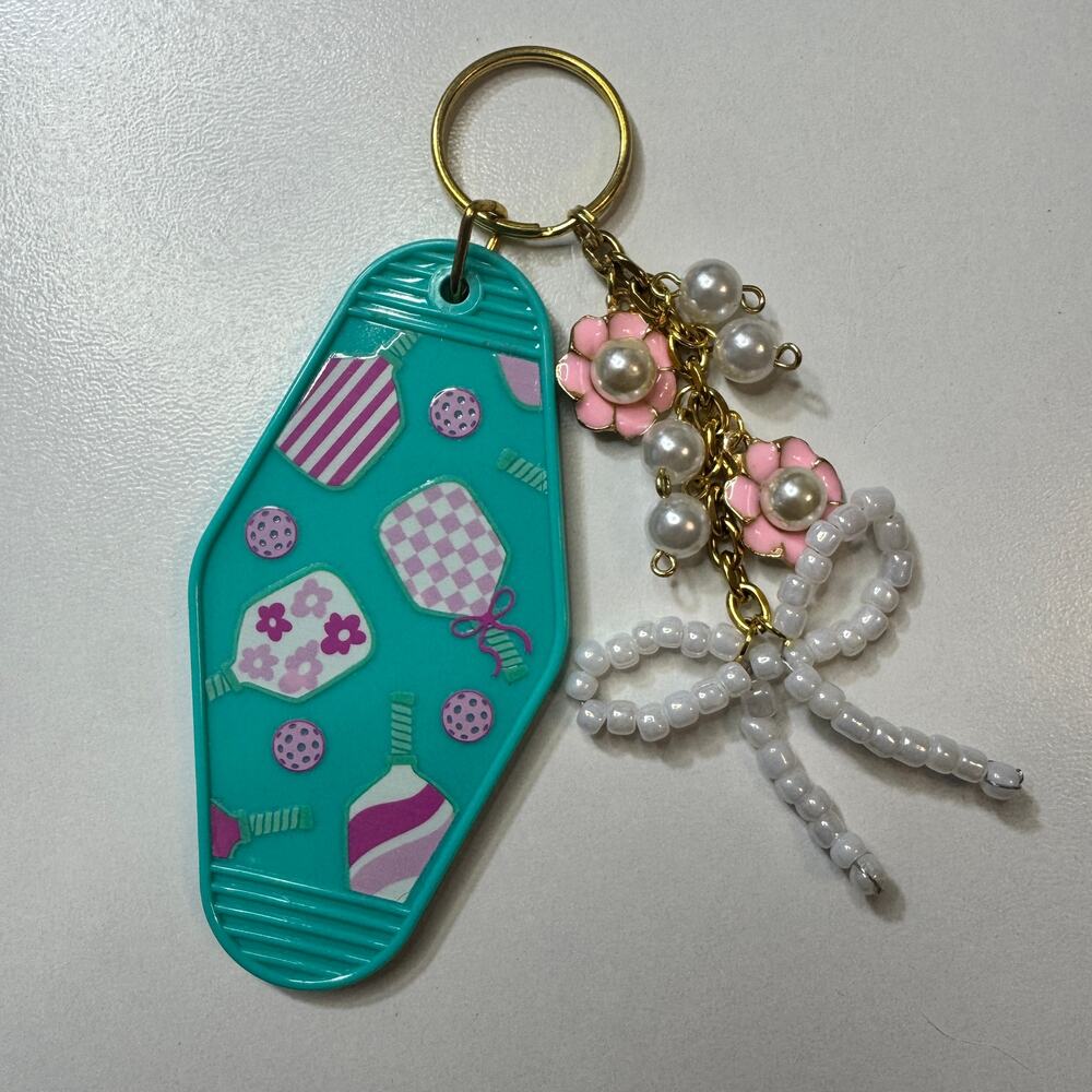 “Pickleball Pearl Bow” Beaded Charm Handmade - Keychain Teal Paddle Tag